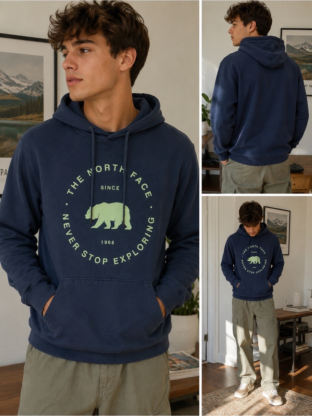 The North Face Navy Bear Graphic Pullover Hoodie Men’s Small Fleece Sweatshirt